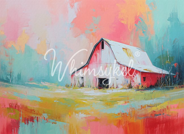 Colorful abstract painting of a barn.