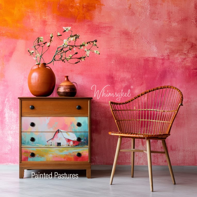 Wooden dresser with painted design and wicker chair against a pink wall.
