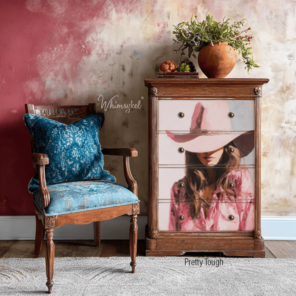Wooden chair with blue cushion and decorative cabinet with a woman's face on one of the doors, against a textured wall.