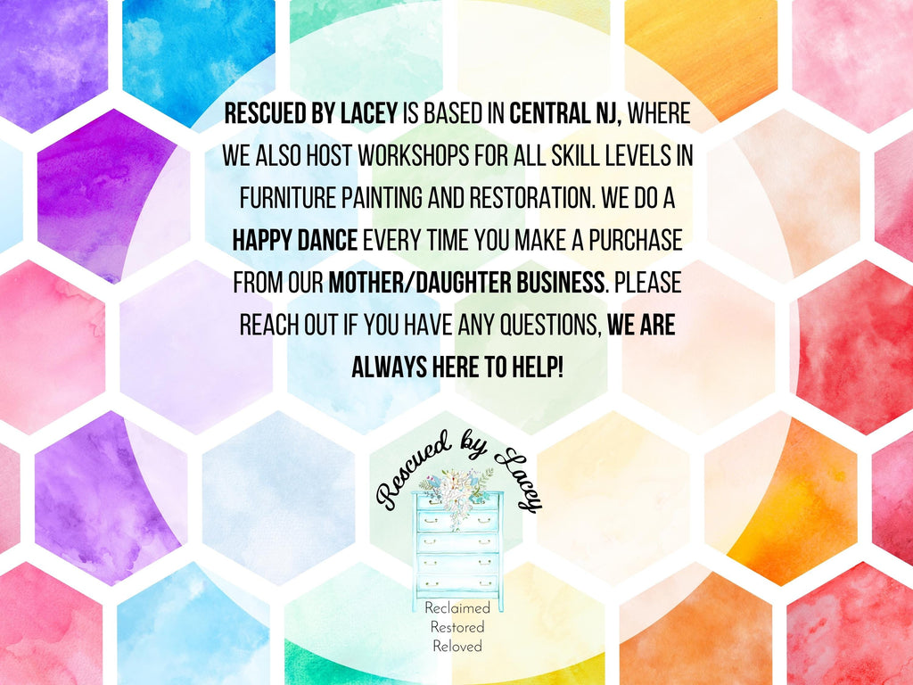 Rescued by Lacey brand information graphic about their Central New Jersey workshop and mother daughter business