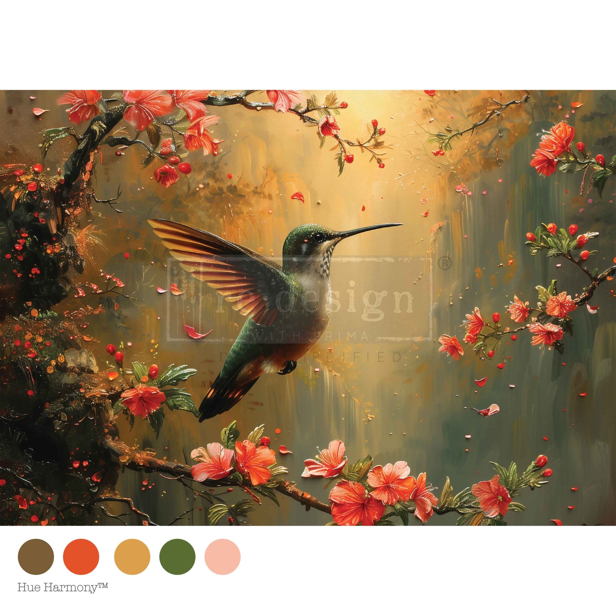 Hummingbird among flowers with a soft, painterly background Sunset Serenade by Redesign with Prima | A3 | Decoupage Paper