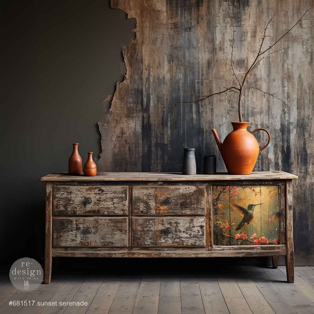 Vintage wooden sideboard with decorative doors against a textured wall.