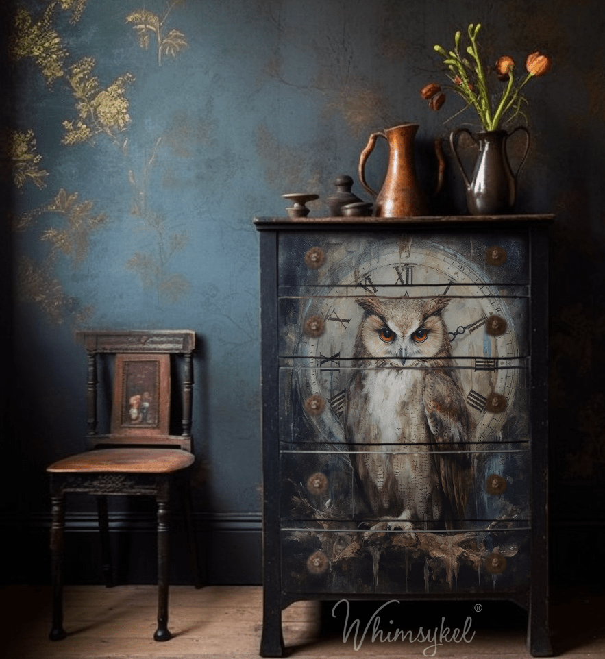 Timekeeper | Large Decoupage Tissue Paper for Furniture | 21x29 or 14x20 | Whimsykel Designs | Owl in front of Clock