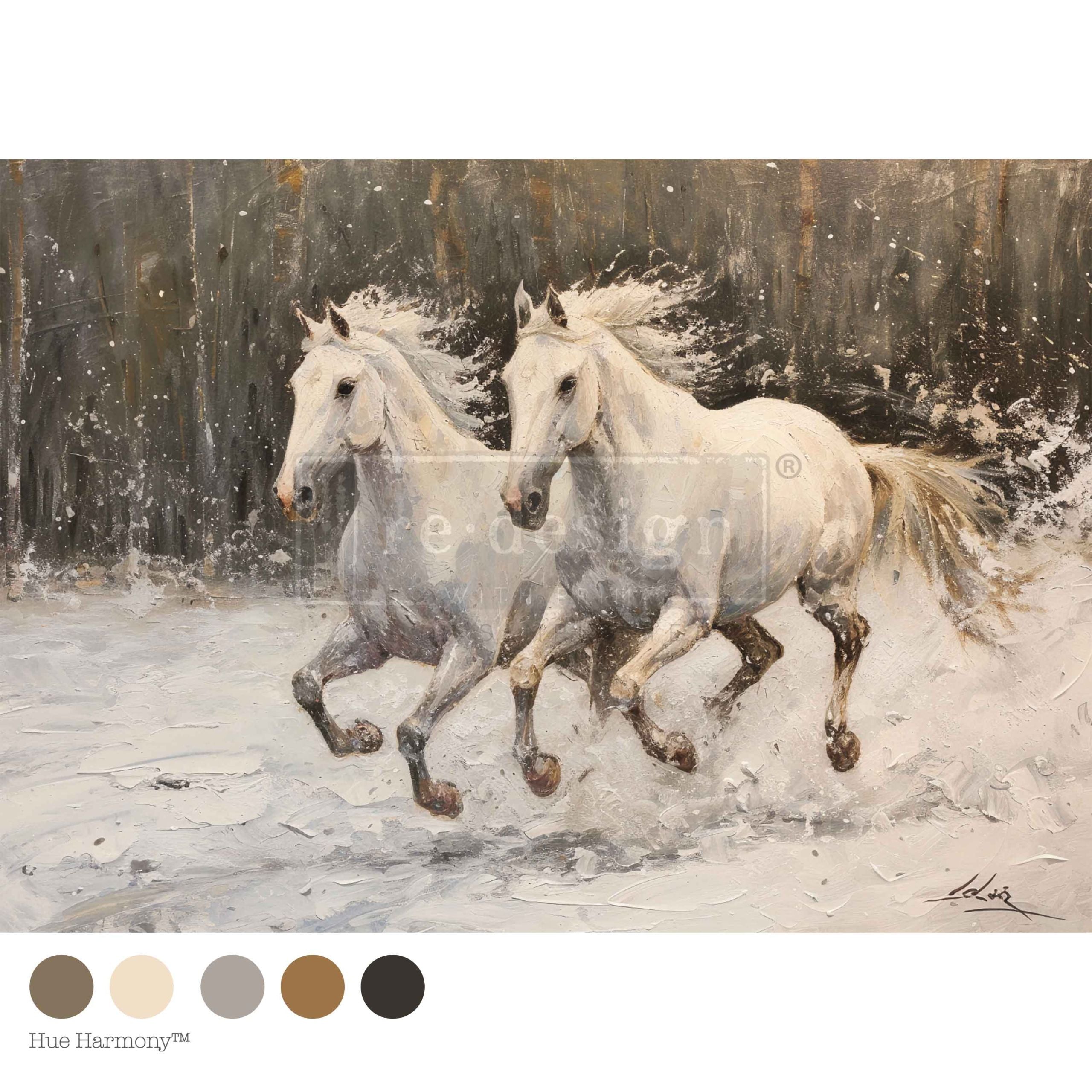 Two white horses running through water with a forest background. Twin Spirits A3 decoupage fiber paper Redesign with Prima equestrian horse design