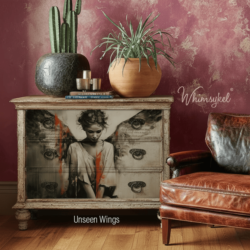 Vintage cabinet with decorative items and a leather armchair against a textured wall