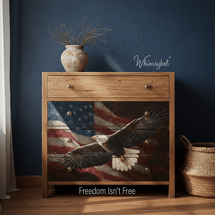 Wooden dresser with American flag and eagle design against a dark blue wall.