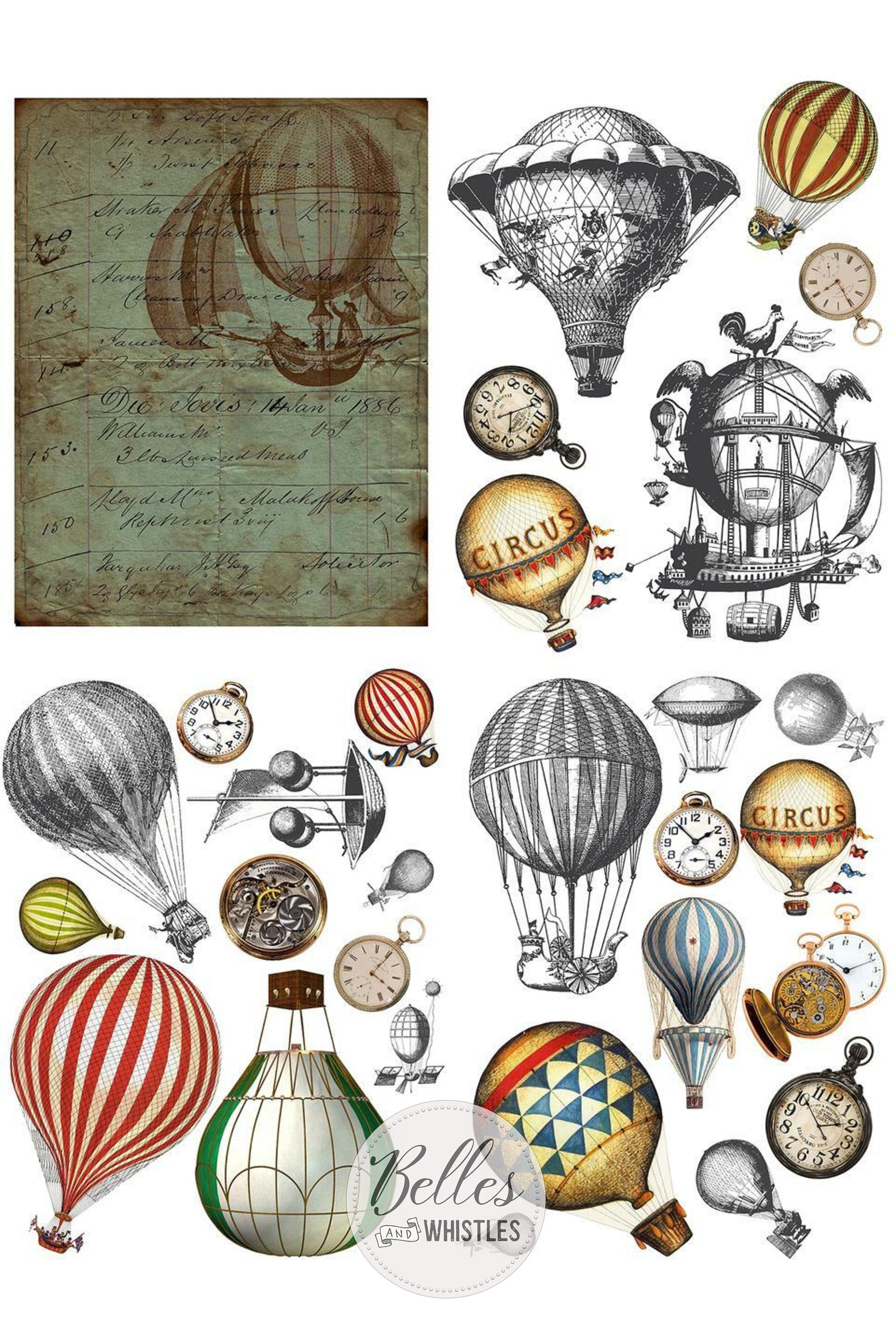 HOTAIR BALLOONS & CLOCKS | Transfer| Retired | 4 Sheets | Dixie Belle Paint  | vintage hot air balloons