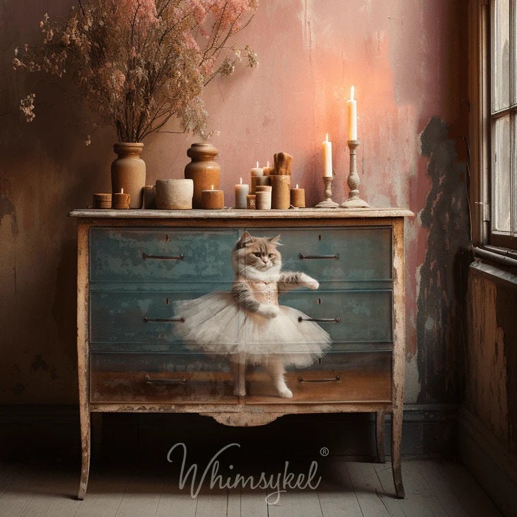Whiskerina Large Decoupage Tissue Paper for Furniture 21x29 Whimsykel Designs Ballerina Kitty Cat