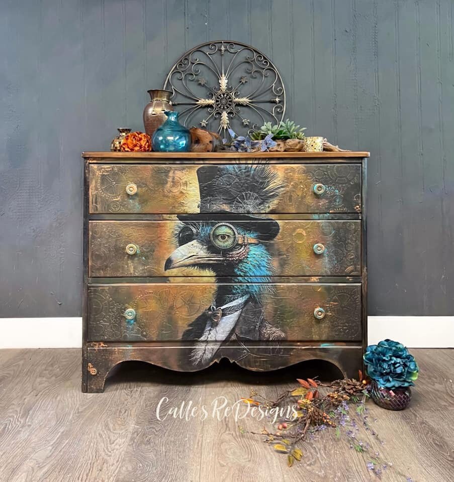 COGSWORTH | Large Decoupage Tissue Paper for Furniture | Arts & Crafts | 21x29 or 14x20 | Whimsykel Designs | Ostrich in Top Hat and Goggles