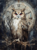 Timekeeper | Large Decoupage Tissue Paper for Furniture | 21x29 or 14x20 | Whimsykel Designs | Owl in front of Clock