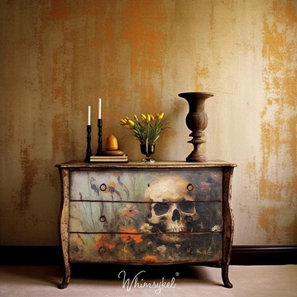 Life's Perseverance Large Decoupage Tissue Paper for Furniture 21x29 Whimsykel Designs Skull with Orange Flowers