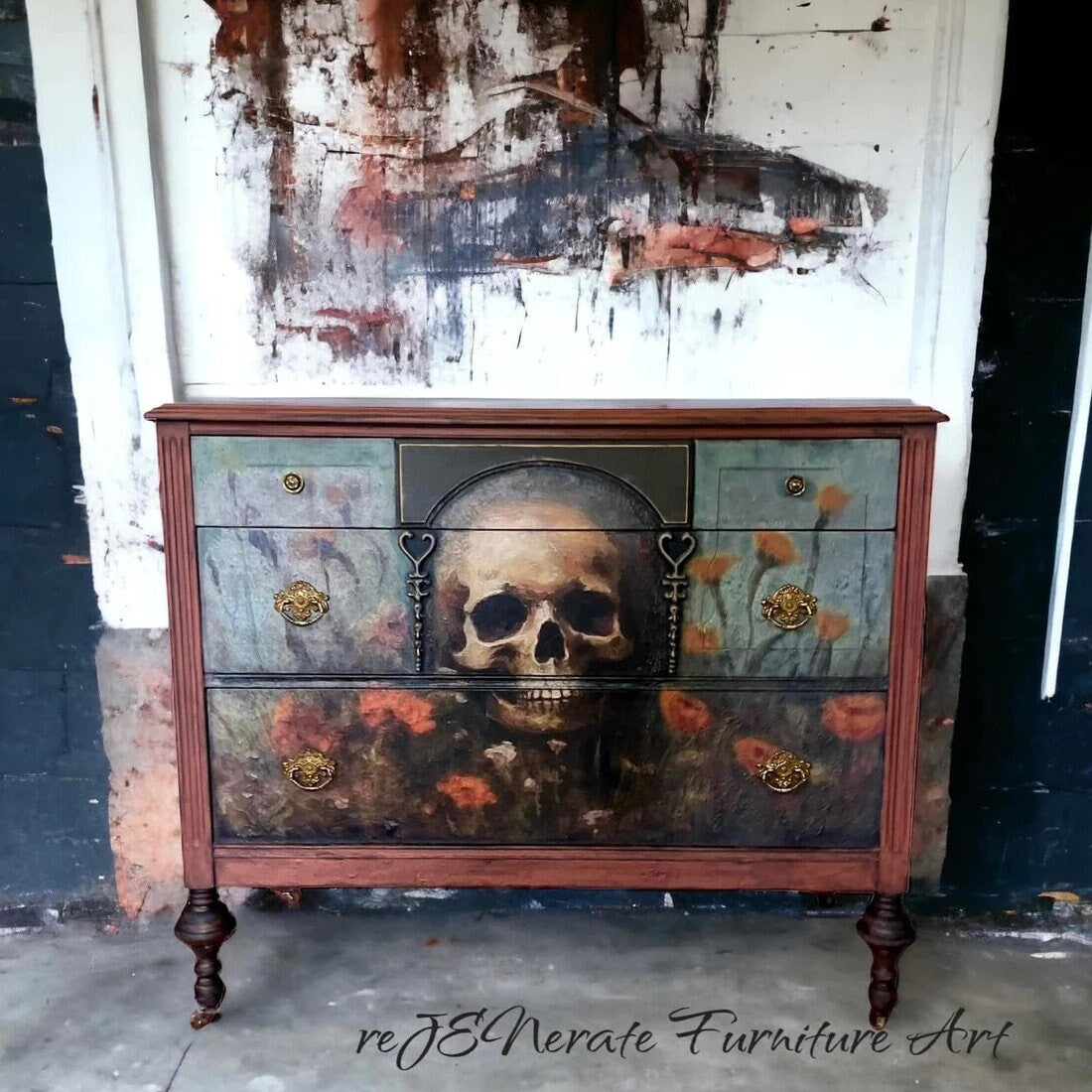 Life's Perseverance Large Decoupage Tissue Paper for Furniture 21x29 Whimsykel Designs Skull with Orange Flowers