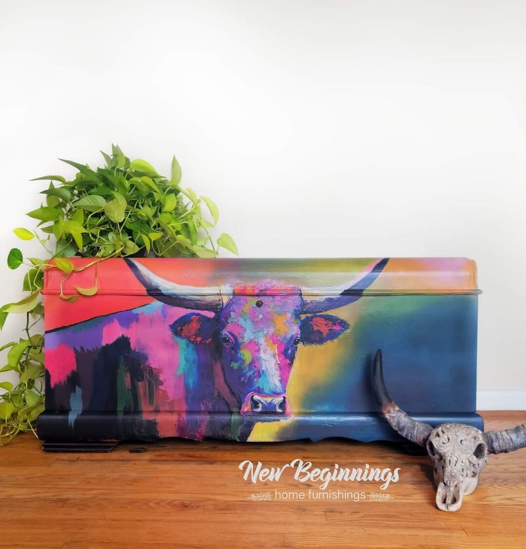 DOTTIE-LONGHORN | Large Decoupage Tissue Paper for Furniture | Arts & Crafts | 21x29 | Whimsykel Designs | Longhorn on Colorful Background
