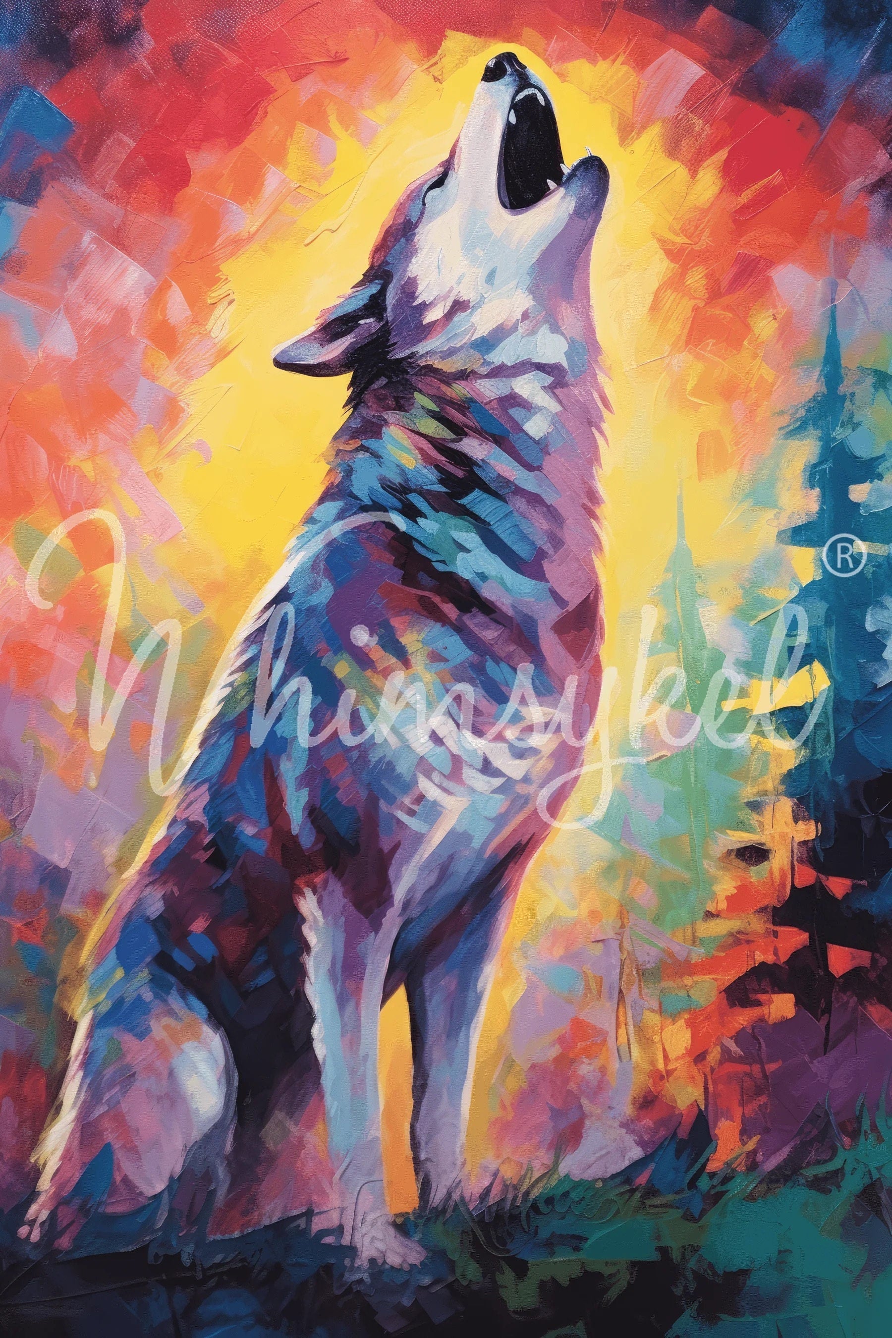 Twilight Howl Large Decoupage Tissue Paper for Furniture 21x29 Whimsykel Designs Howling Wolf on Colorful Background