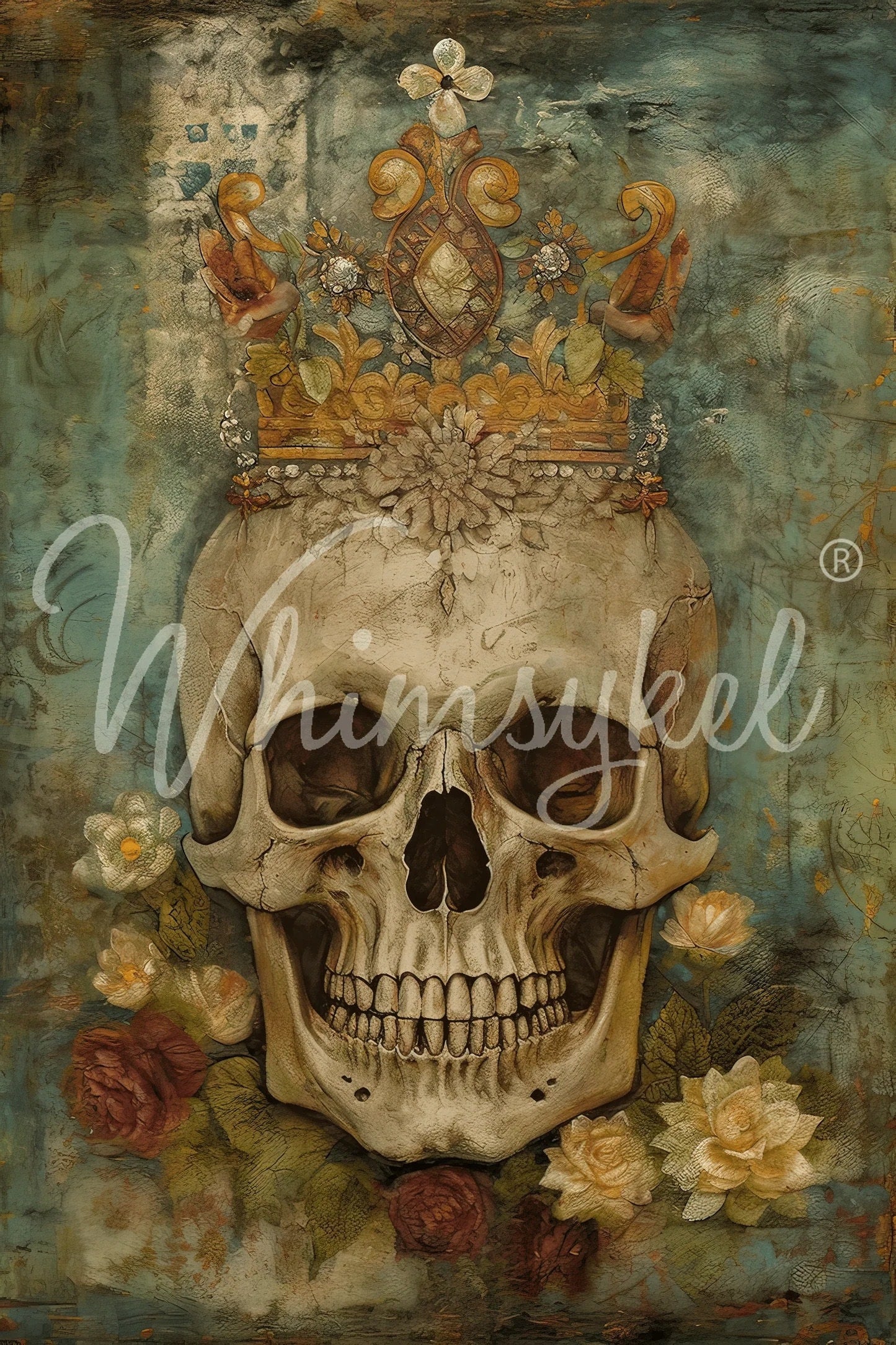 Skull Queen Large Decoupage Tissue Paper for Furniture 21x29 Whimsykel Designs Skull in Flowers