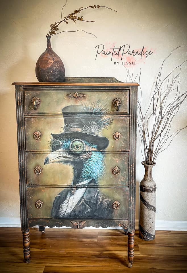 COGSWORTH | Large Decoupage Tissue Paper for Furniture | Arts & Crafts | 21x29 or 14x20 | Whimsykel Designs | Ostrich in Top Hat and Goggles