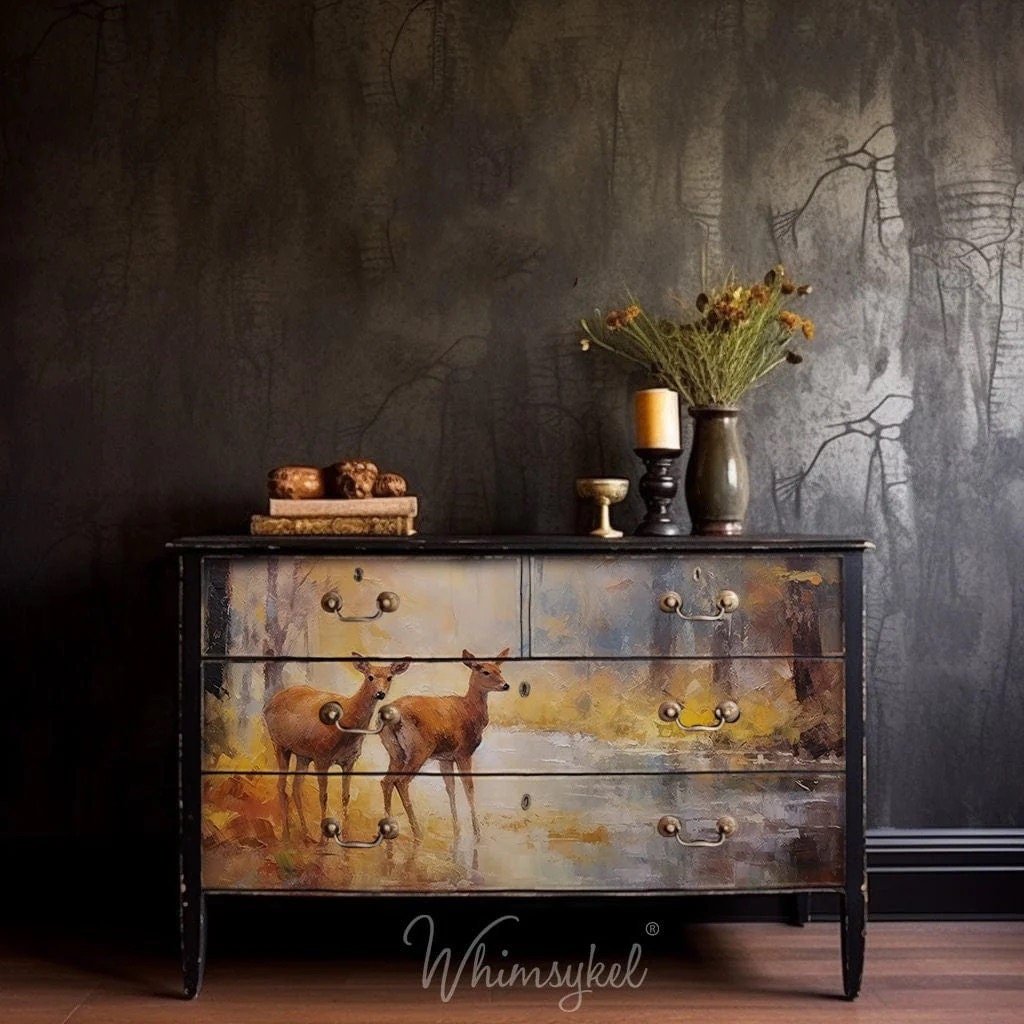 Whimsykel | Woodland Reflection | Decoupage Tissue Paper | 21"x29" | two deer on riverbank