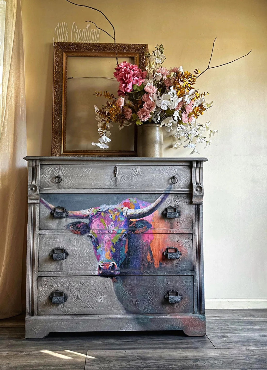 Oscar: Longhorn | Large Decoupage Tissue Paper for Furniture | 21x29 | Whimsykel Designs | Longhorn on Colorful Background Whimsykel