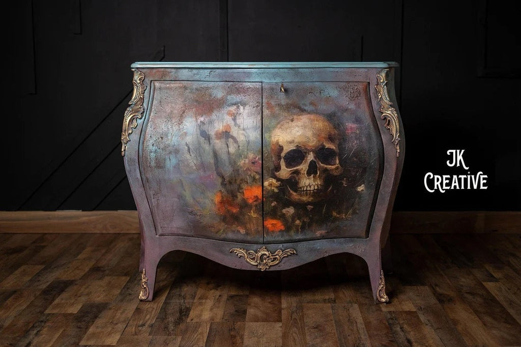 Life's Perseverance Large Decoupage Tissue Paper for Furniture 21x29 Whimsykel Designs Skull with Orange Flowers