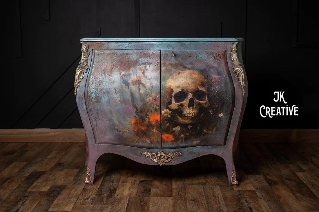 Life's Perseverance Large Decoupage Tissue Paper for Furniture 21x29 Whimsykel Designs Skull with Orange Flowers