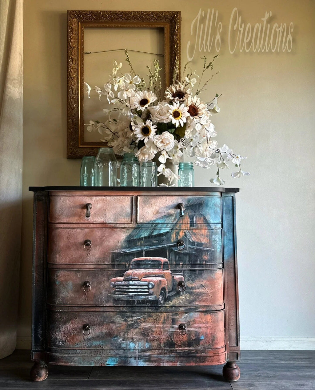 Rural Reflections Large Decoupage Tissue Paper for Furniture 21x29 Whimsykel Designs Red Pickup Truck in Front of Barn