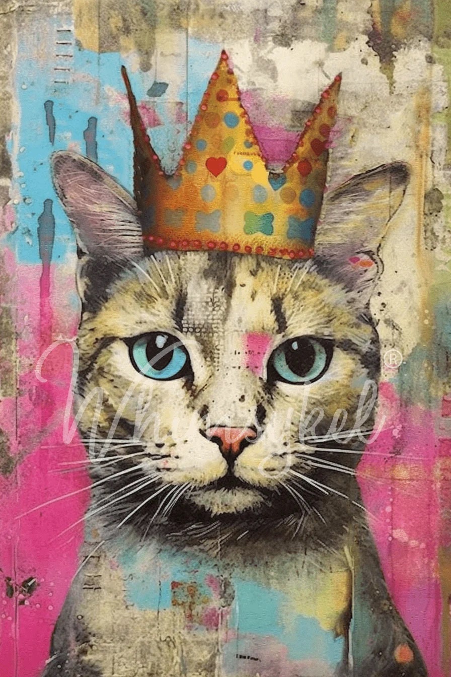 Loyal Highness Large Decoupage Tissue Paper for Furniture 21x29 Whimsykel Designs Cat in Crown