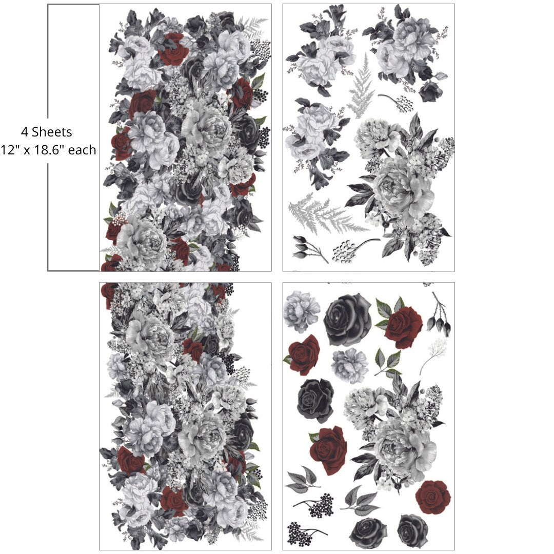 MONOCHROME MAJESTY | Large Transfer | Dixie Belle Paint | monochrome florals on translucent background