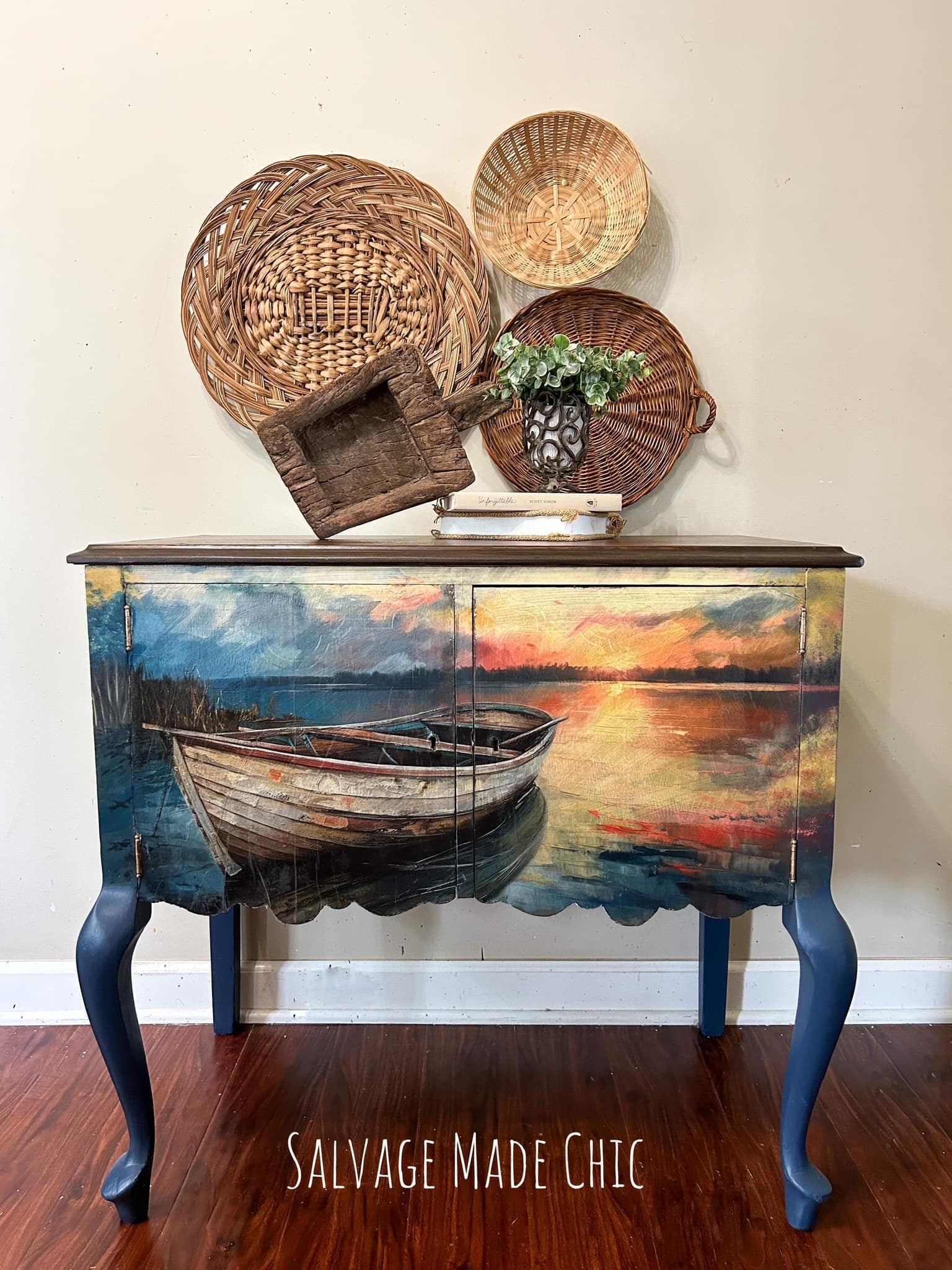 SUNSET HIDEAWAY Large Decoupage Tissue Paper for Furniture 21x29 Whimsykel Designs Row Boat on Bay