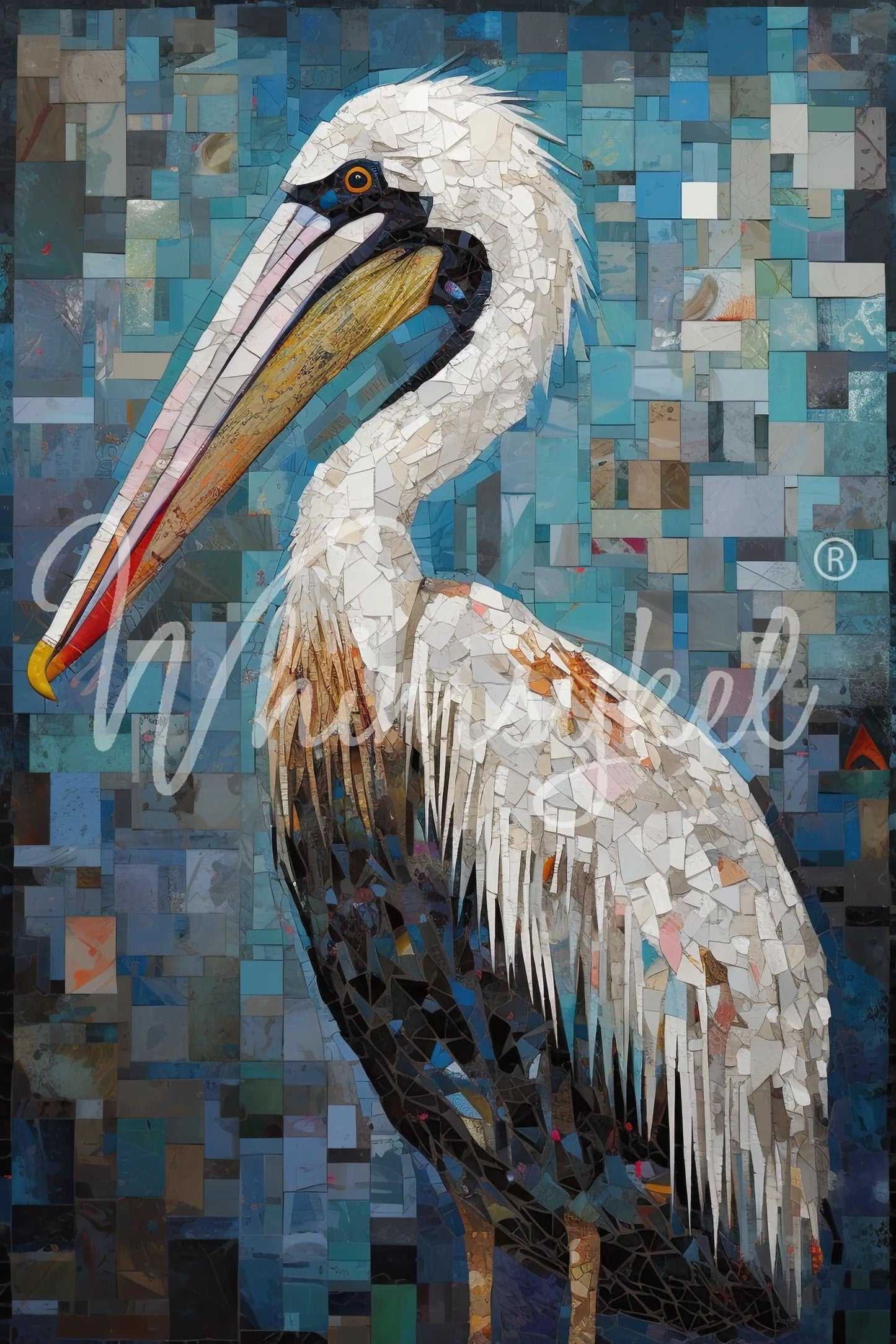 Pelican Mosaic Large Decoupage Tissue Paper for Furniture 21x29 Whimsykel Designs Pelican in Mosaic Pattern