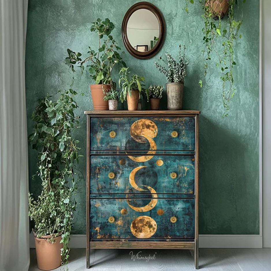 Moonlit Harmony Large Decoupage Tissue Paper for Furniture 21x29 Whimsykel Designs Multiple Moons on Blue Background