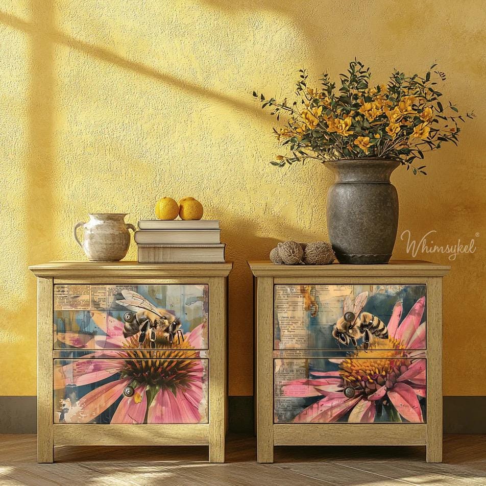 HONEY BEE DUO | Large Decoupage Tissue Paper for Furniture | Arts & Crafts | 21x29 | Whimsykel Designs | 2 designs on the paper