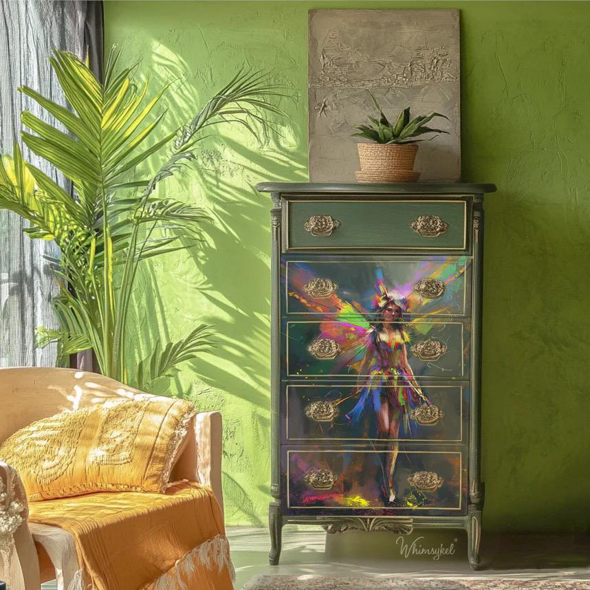 Woodland Fairy Large Decoupage Tissue Paper for Furniture 21x29 Whimsykel Designs Fairy on Neon Background