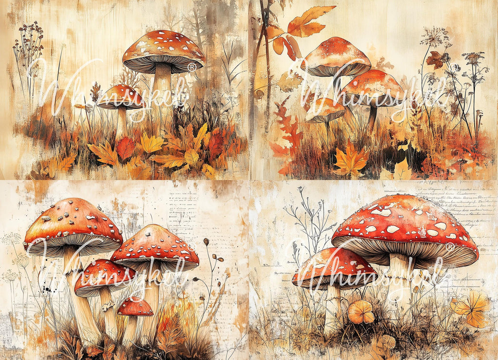 Fall Mushrooms Large Decoupage Tissue Paper for Furniture 21x29 Whimsykel Designs mushrooms surrounded by autumn leaves