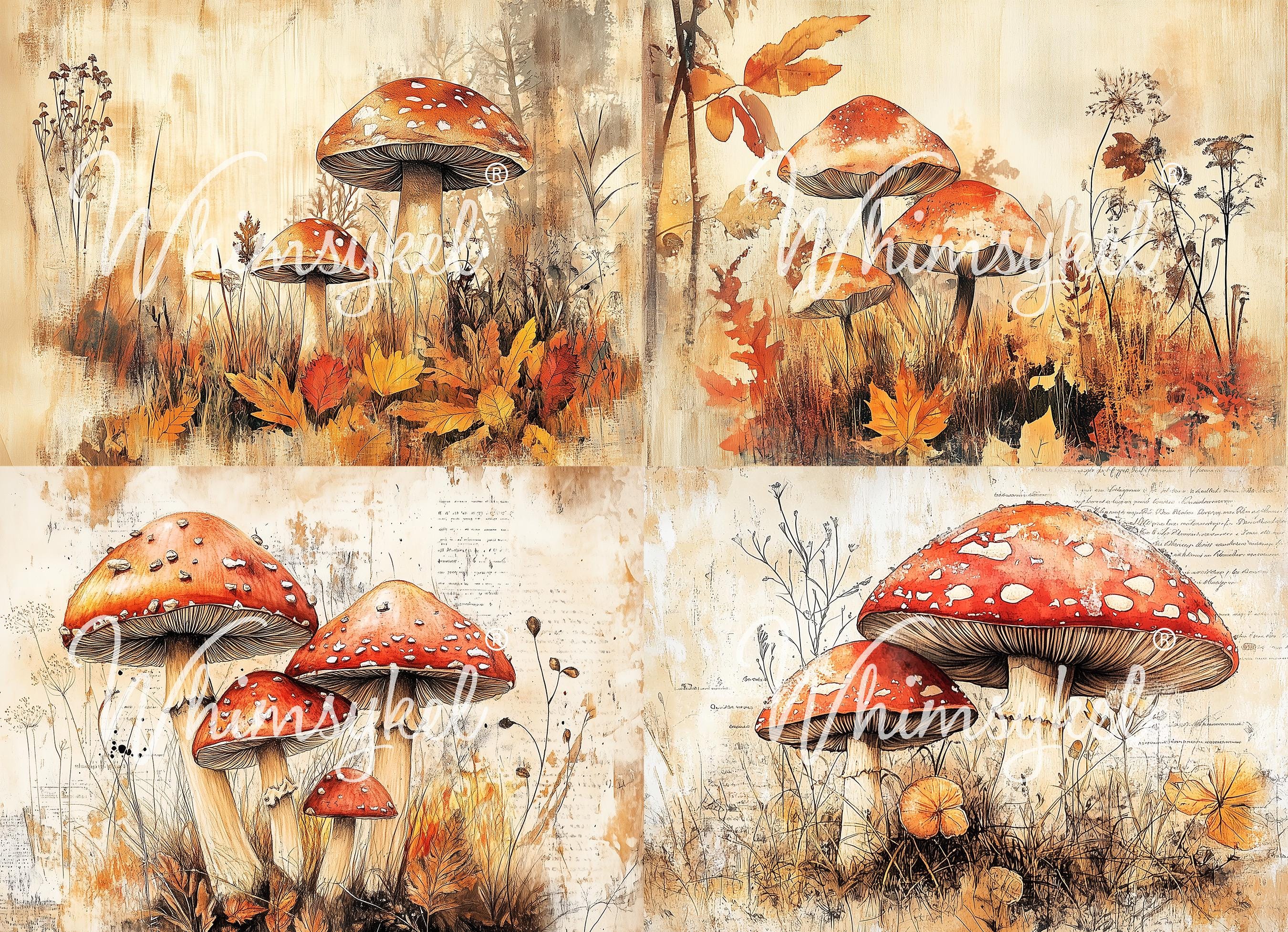Fall Mushrooms Large Decoupage Tissue Paper for Furniture 21x29 Whimsykel Designs mushrooms surrounded by autumn leaves