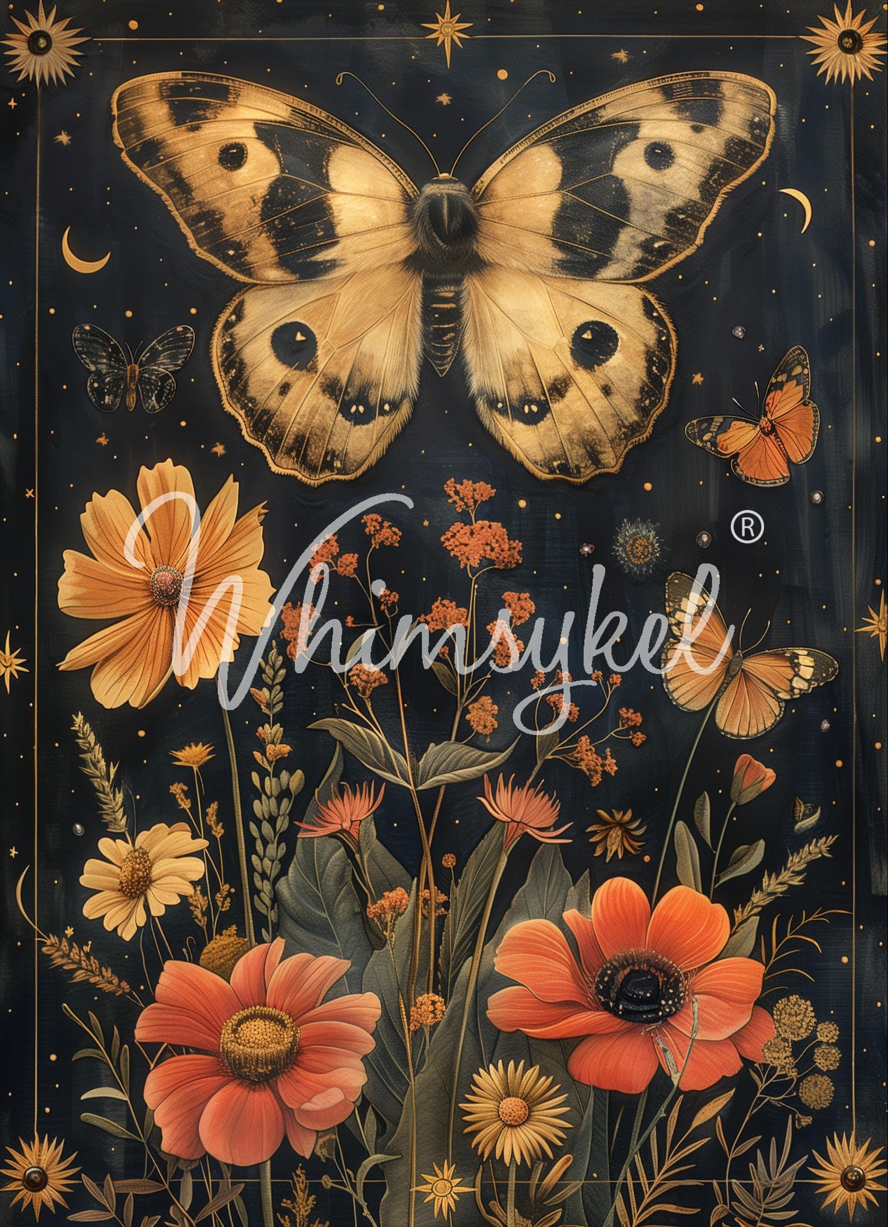 Midnight Moth Large Decoupage Tissue Paper for Furniture 21x29 Whimsykel Designs large butterfly surrounded by blooming flowers