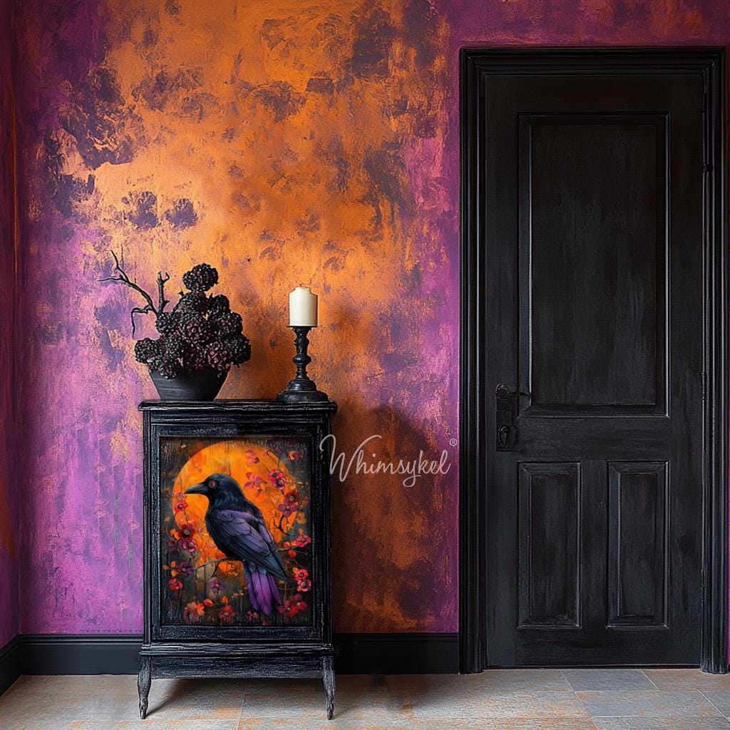 Whimsykel | Raven Rising | Decoupage Tissue Paper | 21"x29" | raven in front of striking orange moon