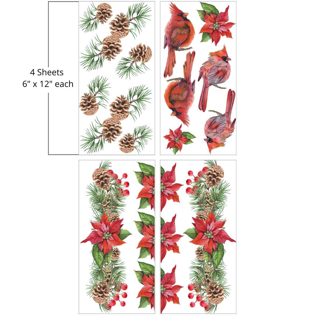 CAROLING CARDINALS | Retired | Small Transfer Dixie Belle Paint Company - 4 separate sheets of cardinals and pine cones