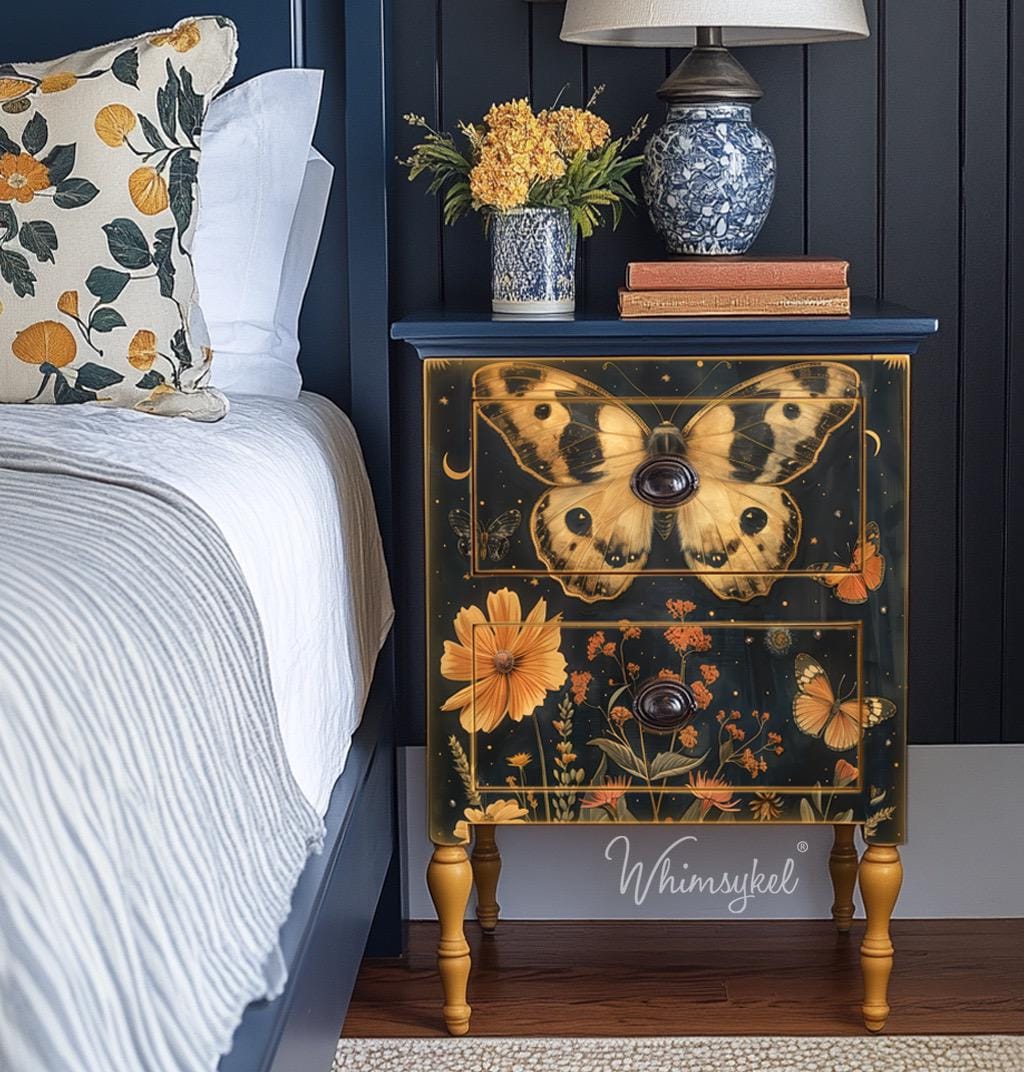 Midnight Moth Large Decoupage Tissue Paper for Furniture 21x29 Whimsykel Designs large butterfly surrounded by blooming flowers
