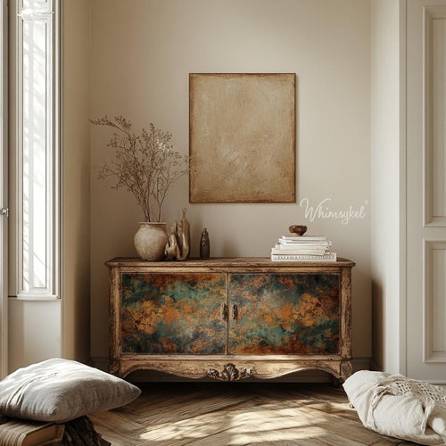 Baroque Patina | 21”x29” | Large Decoupage Tissue Paper | Whimsykel Designs | old world with blue and gold Whimsykel