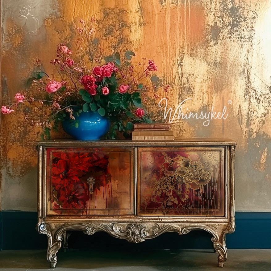 GILDED PATINA | Large Decoupage Tissue Paper for Furniture | Arts & Crafts | 21x29 | Whimsykel Designs | old world design with red and gold