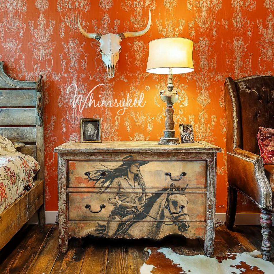 CHASING HORIZONS | Large Decoupage Tissue Paper for Furniture | Arts & Crafts | 21x29 | Whimsykel Designs | woman on horseback
