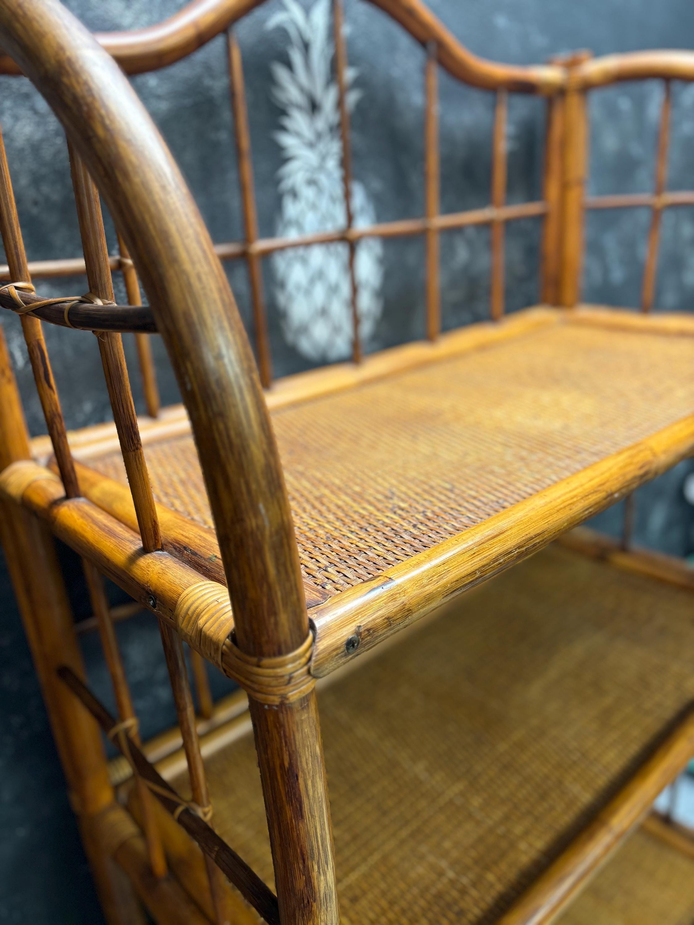 Mid Century Modern Étagère | 4 Tiered | Bookshelf | Tchotke Shelf | Miami Coastal Vibes | Wicker/Bamboo Frame | Shipping Not Included