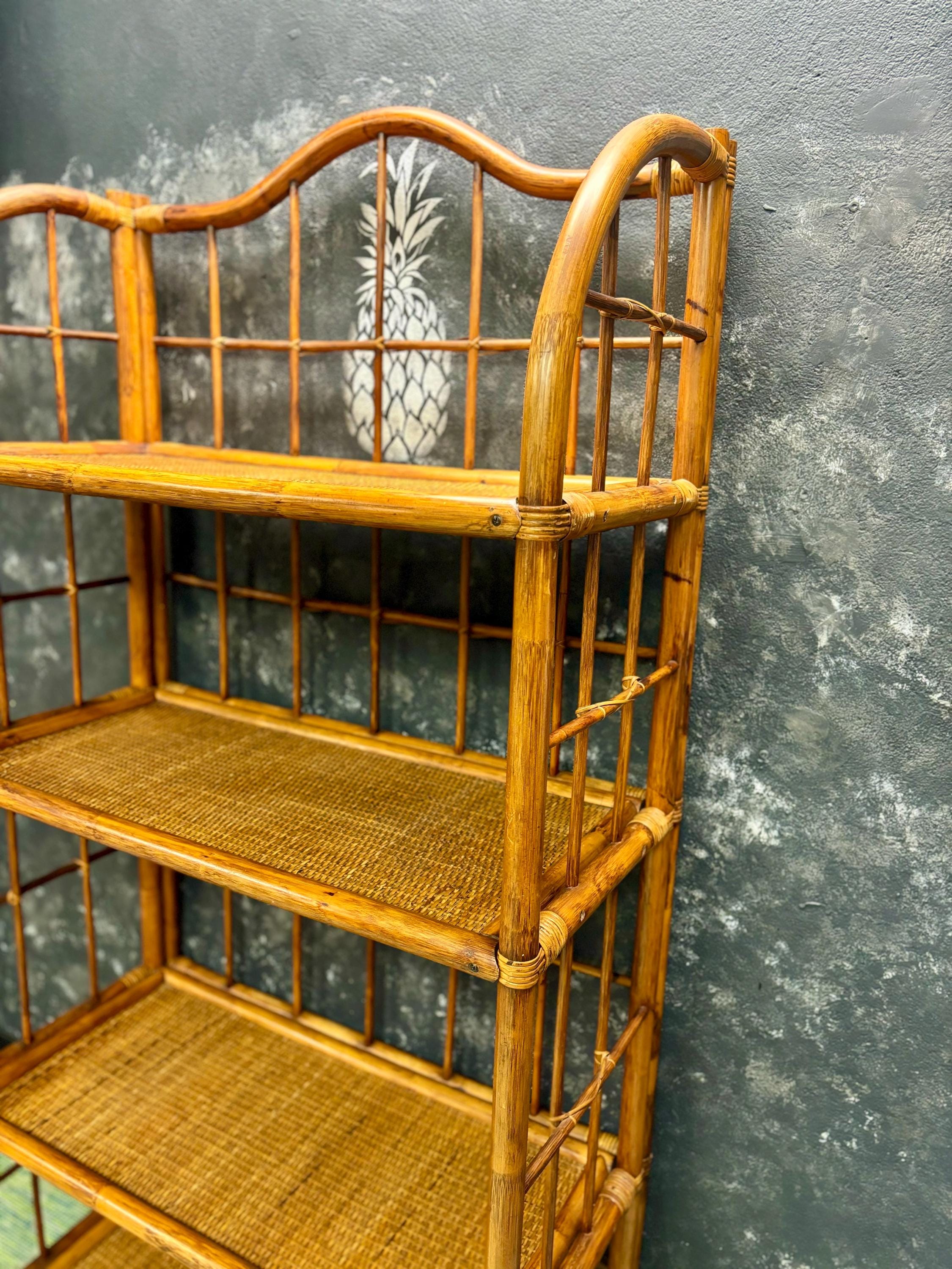 Mid Century Modern Étagère | 4 Tiered | Bookshelf | Tchotke Shelf | Miami Coastal Vibes | Wicker/Bamboo Frame | Shipping Not Included