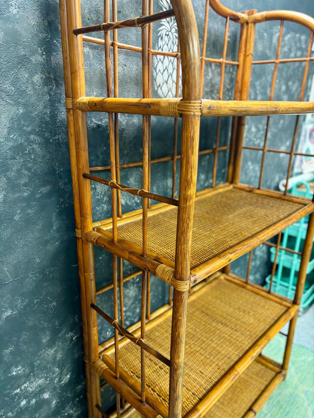 Mid Century Modern Étagère | 4 Tiered | Bookshelf | Tchotke Shelf | Miami Coastal Vibes | Wicker/Bamboo Frame | Shipping Not Included