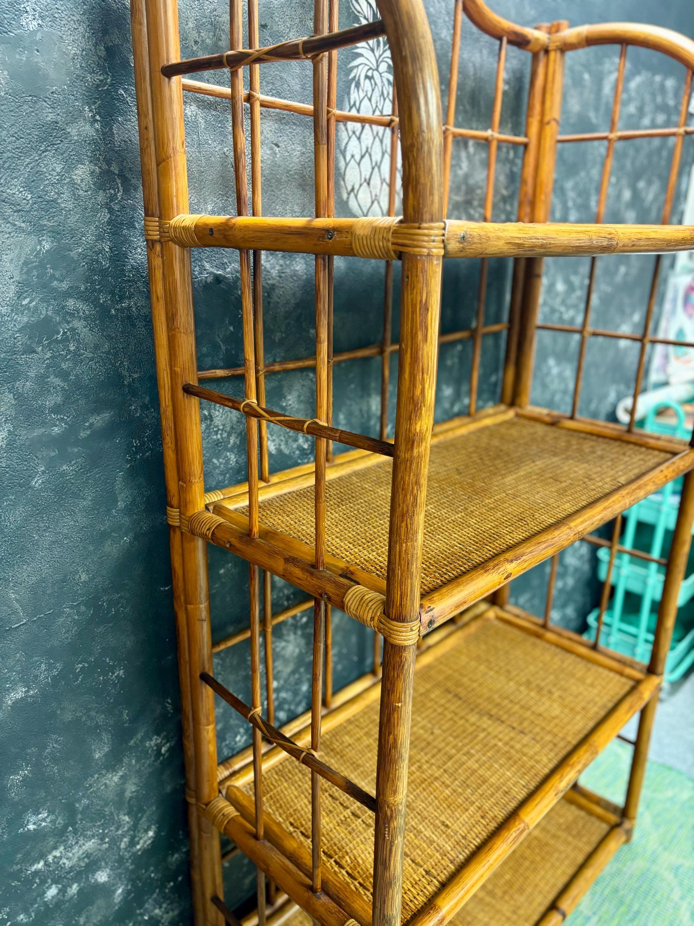 Mid Century Modern Étagère | 4 Tiered | Bookshelf | Tchotke Shelf | Miami Coastal Vibes | Wicker/Bamboo Frame | Shipping Not Included
