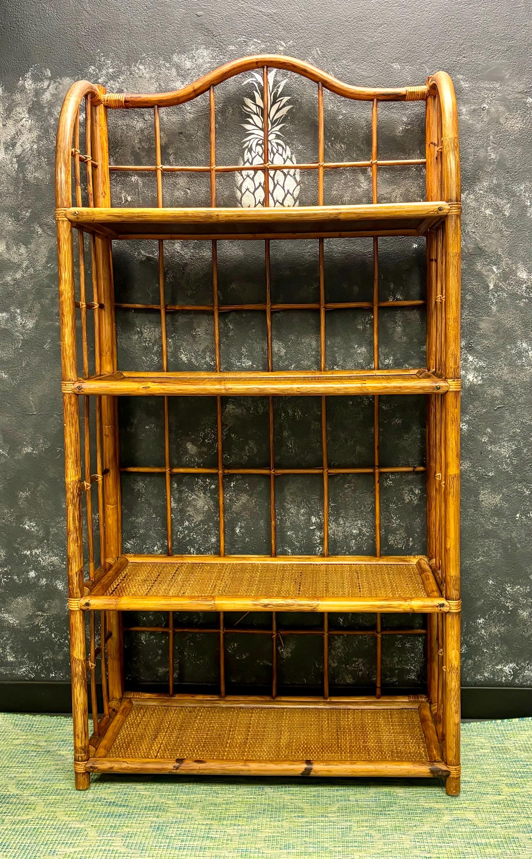 Mid Century Modern Étagère | 4 Tiered | Bookshelf | Tchotke Shelf | Miami Coastal Vibes | Wicker/Bamboo Frame | Shipping Not Included