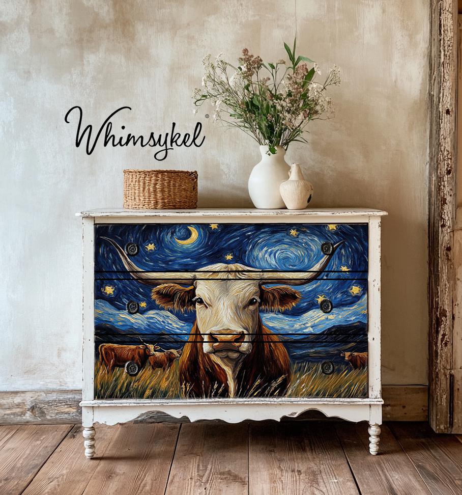 GALAXY GRAZING | Large Decoupage Tissue Paper for Furniture | Arts & Crafts | 21x29 | Whimsykel Designs | longhorn on starry background