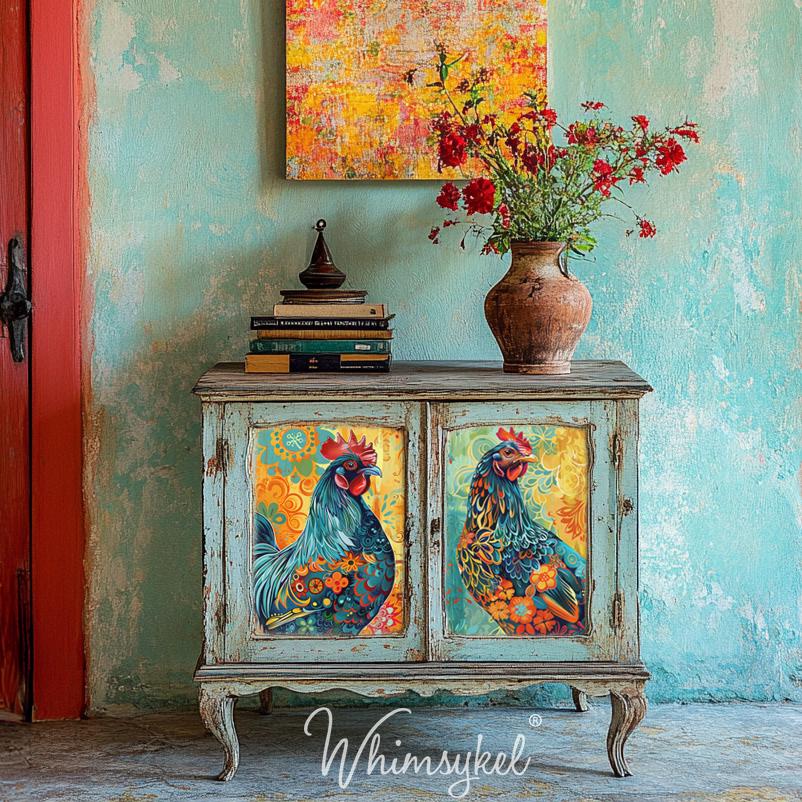 Whimsical Rooster Decoupage Tissue Paper for Furniture 21x29 Whimsykel Designs duo of roosters