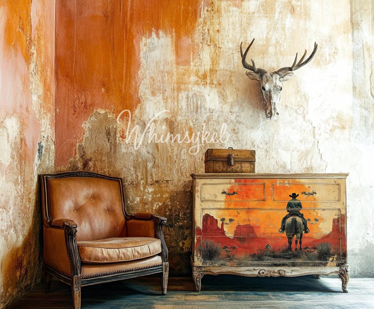 Long Road Home Decoupage Tissue Paper for Furniture 21x29 Whimsykel Designs man on horseback in front of sunset