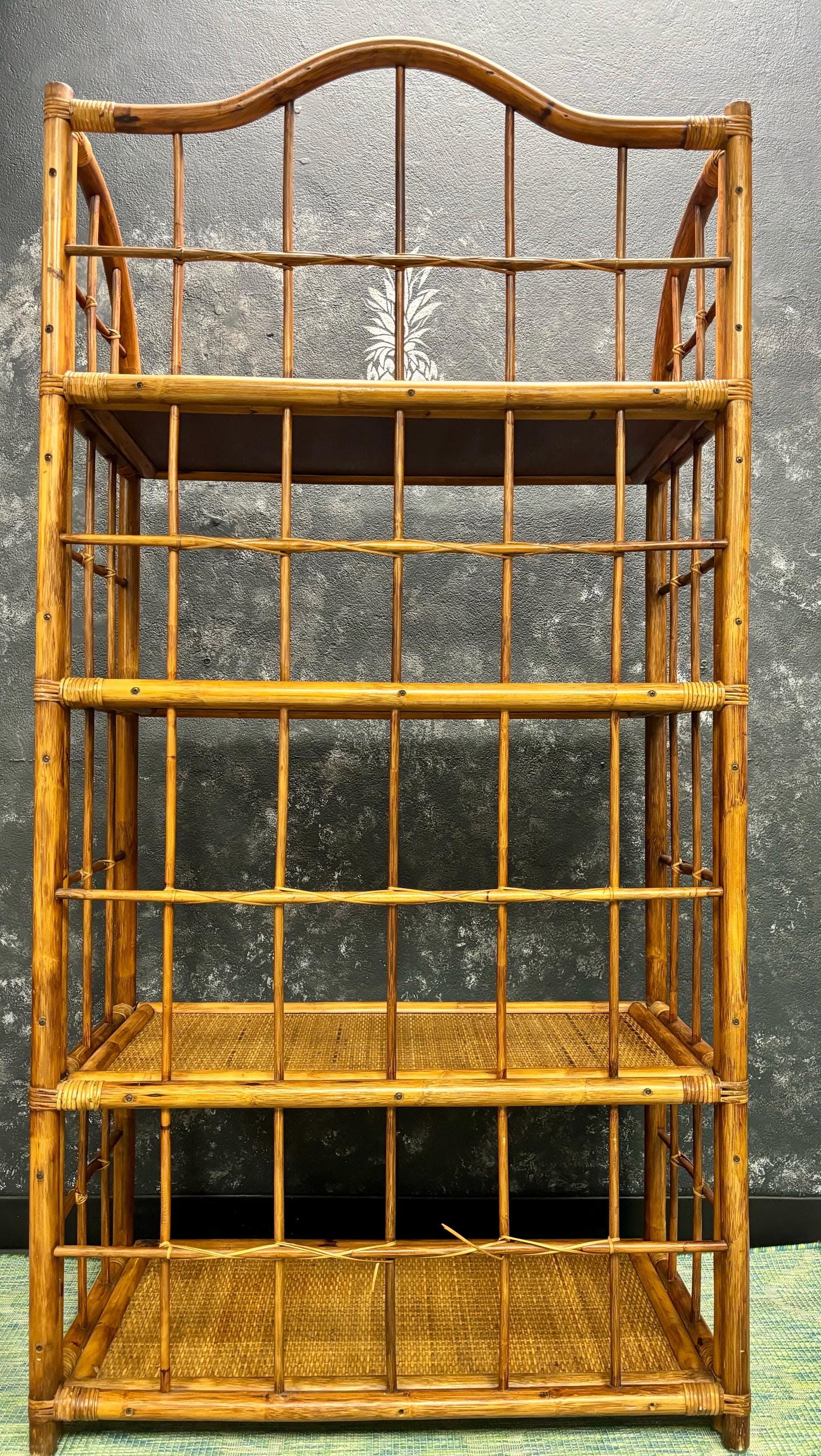 Mid Century Modern Étagère | 4 Tiered | Bookshelf | Tchotke Shelf | Miami Coastal Vibes | Wicker/Bamboo Frame | Shipping Not Included